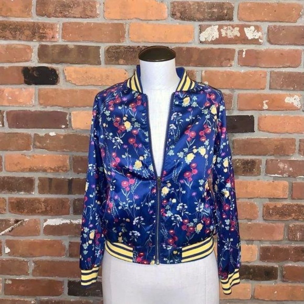 Blue Floral Satin Bomber Full Zip Size Medium - Picture 1 of 5